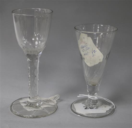 A Georgian style plain facetted stem glass and another	 14cm